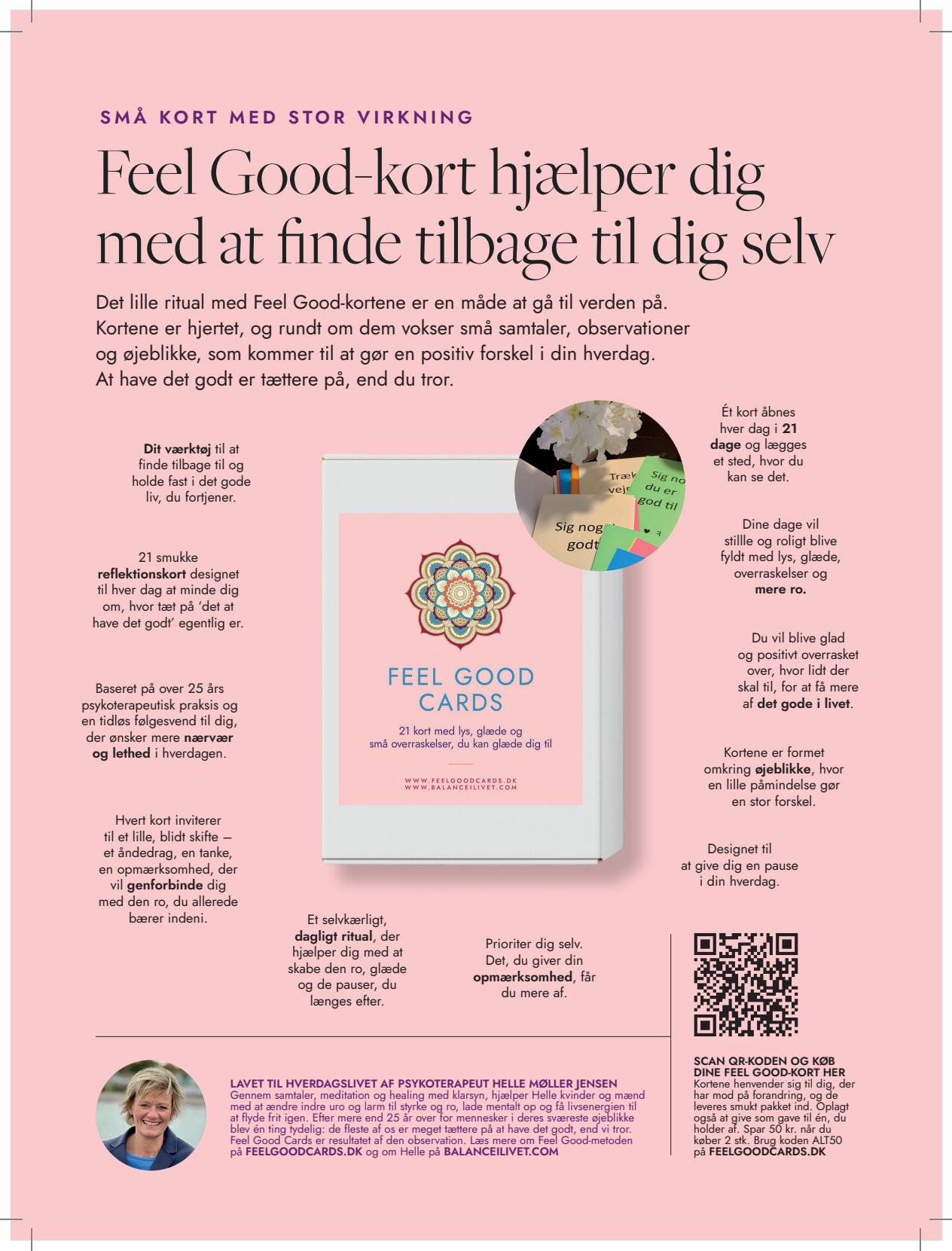 Feel Good Cards annonce i Alt for Damerne — 21 refleksionskort af psykoterapeut Helle Møller Jensen